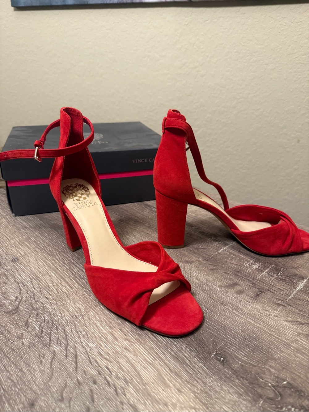 Vince Camuto Red Suede Knotted Open-Toe Block Heels with Ankle Strap